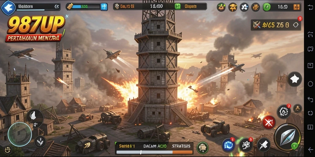 Tangkapan layar gameplay 987UP menunjukkan aksi menara pertahanan yang intens.