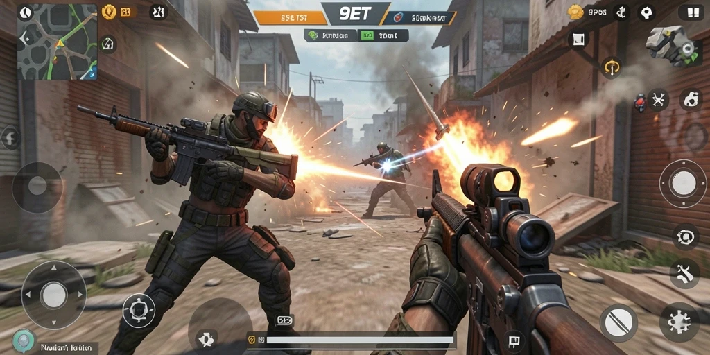 Screenshot gameplay 9ET menampilkan aksi tembak-menembak yang mendebarkan.