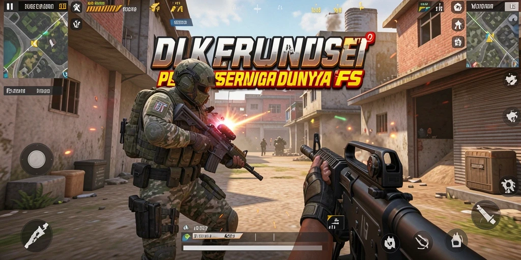 Screenshot utama DKK menampilkan aksi intens dalam gameplay FPS.