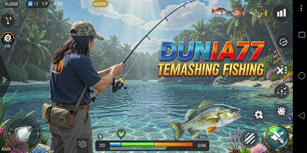 Tampilan gameplay DUNIA77 yang menakjubkan saat menangkap ikan.