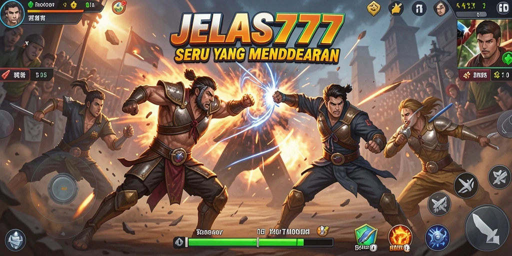 Screenshot utama JELAS777 menampilkan aksi bertarung yang intens.