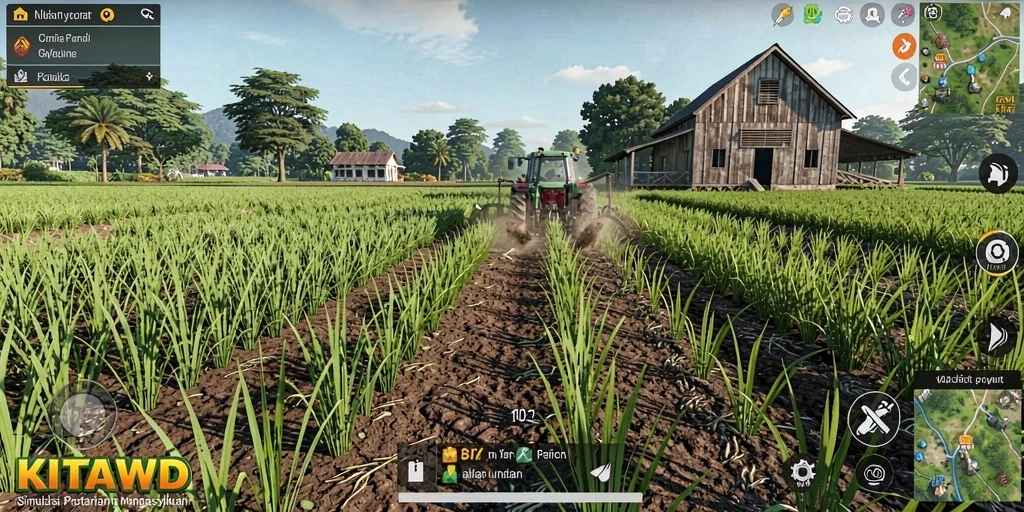 Screenshot gameplay KITAWD menampilkan suasana pertanian yang hidup dan interaktif.