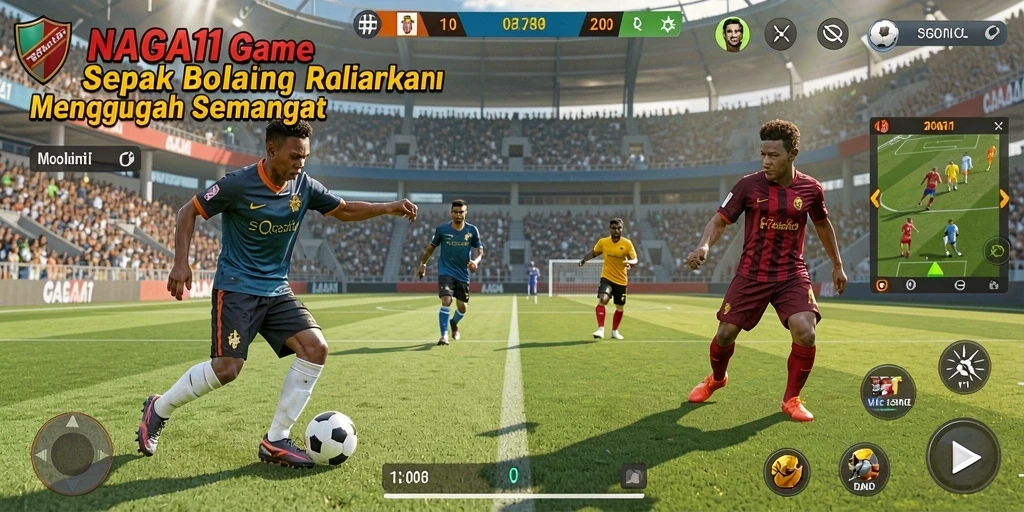 Tampilan gameplay mendebarkan dari NAGA11 dalam aksi sepak bola.