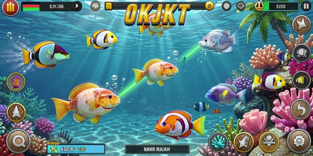 Screenshot gameplay OKJKT menampilkan aksi menembak ikan yang seru.