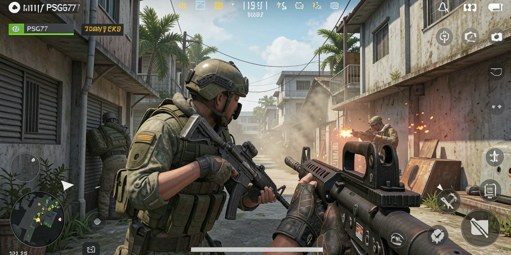 Screenshot PSG77 menampilkan aksi gameplay FPS yang mendebarkan.