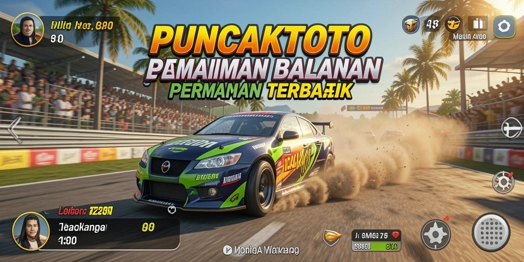 Screenshot PUNCAKTOTO menunjukkan balapan mendebarkan dengan kendaraan cepat.