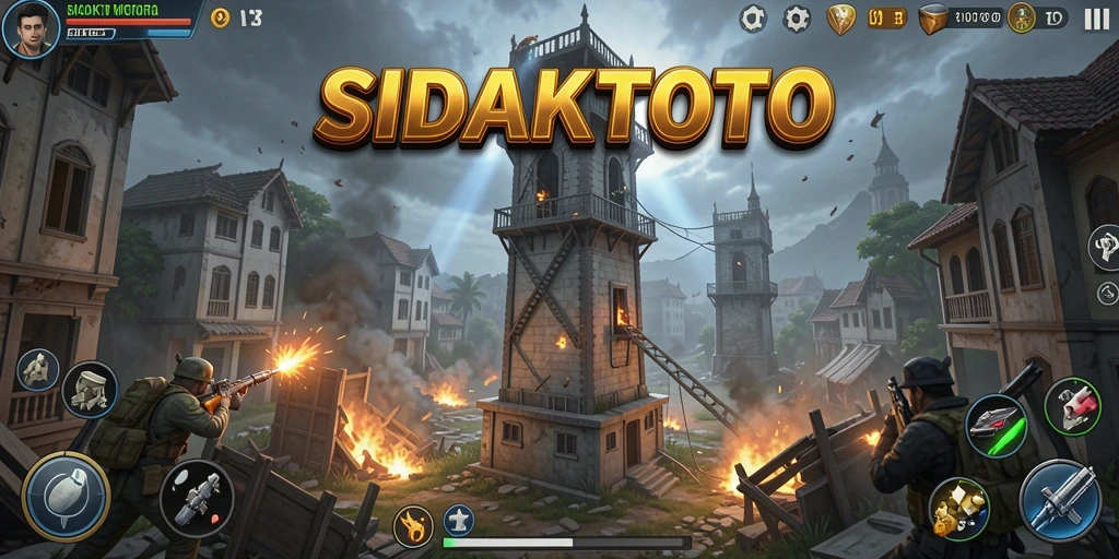 Tangkapan layar gameplay SIDAKTOTO yang menunjukkan aksi menampilkan menara dan musuh.